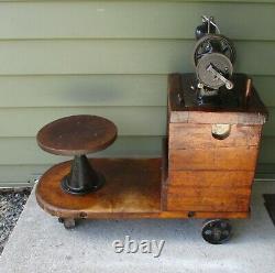 Antique Hand Crank Industrial Sewing Machine with Factory Bench & Stool on Wheels