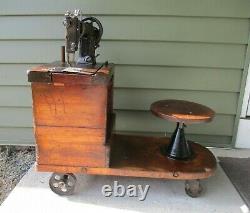 Antique Hand Crank Industrial Sewing Machine with Factory Bench & Stool on Wheels