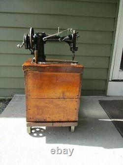 Antique Hand Crank Industrial Sewing Machine with Factory Bench & Stool on Wheels