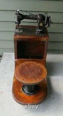 Antique Hand Crank Industrial Sewing Machine with Factory Bench & Stool on Wheels