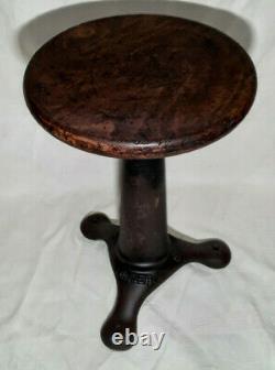Vintage Singer Sewing Machine Industrial Iron Stool with Adjustable Wood Seat